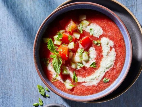 Watermelon Tomato Gazpacho with a Cool Cucumber Swirl