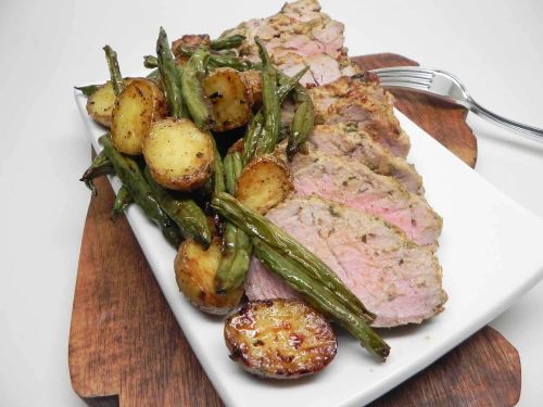 Air Fryer Mustard-Crusted Pork Tenderloin with Potatoes and Green Beans