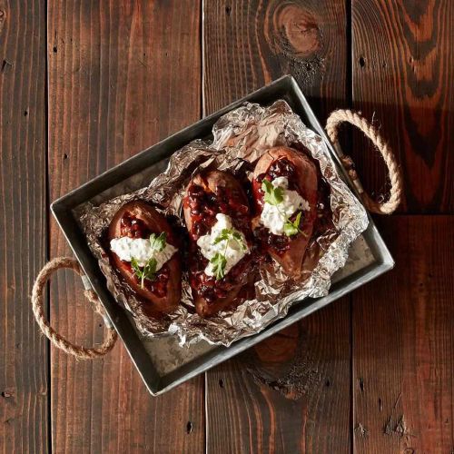 Grilled Sweet Potatoes with BBQ Baked Beans and Cilantro Cream