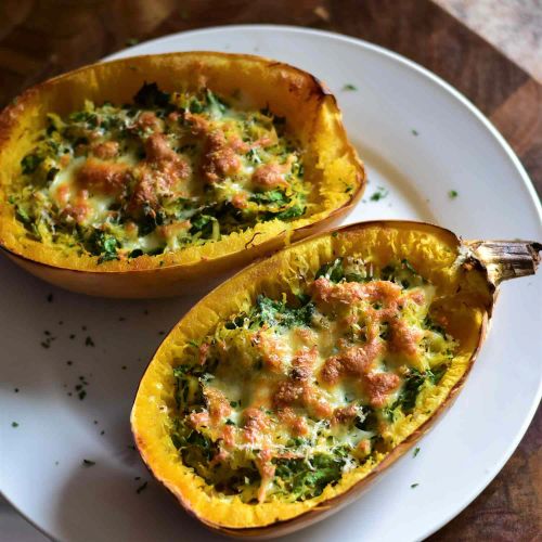 Cheesy Roasted Garlic Spaghetti Squash with Spinach