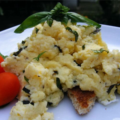 Creamy Cheesy Scrambled Eggs with Basil