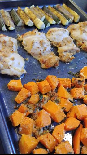 Horseradish Chicken, Butternut Squash, and Zucchini Sheet Pan Dinner