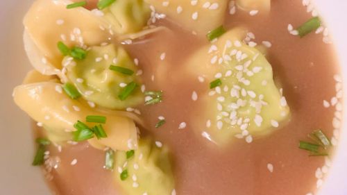 Edamame Truffle Dumplings In Miso Broth